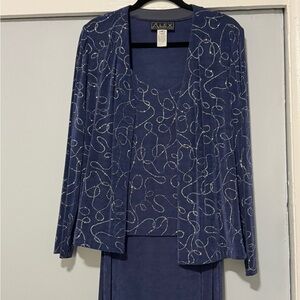 Alex Evenings Blue Glitter Swirl 2pc Dress Set - Jacket & Sleeveless Gown